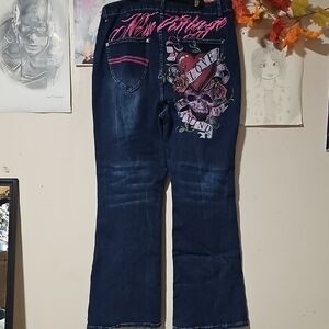 ROMWE Dark Blue Boot Cut Jeans with Pink Skull Embroidery